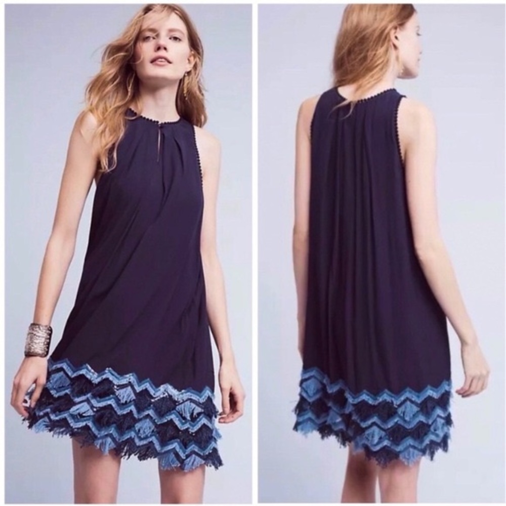 NWT Anthropologie Navy Fringe Sequin Swing Dress